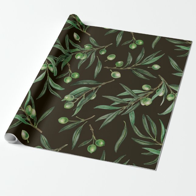 Olive branches watercolor on black wrapping paper (Unrolled)