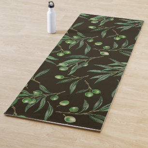 Olive branches watercolor on black yoga mat