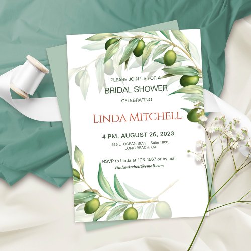 Olive Branches Watercolor Rustic Bridal Shower Invitation