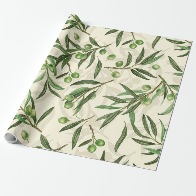 Olive branches watercolor wrapping paper (Unrolled)