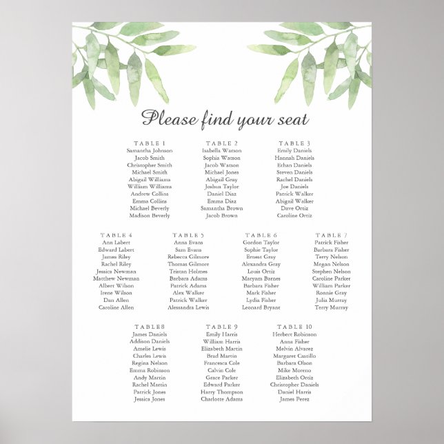 Olive Branches. Wedding Seating Chart Poster (Front)