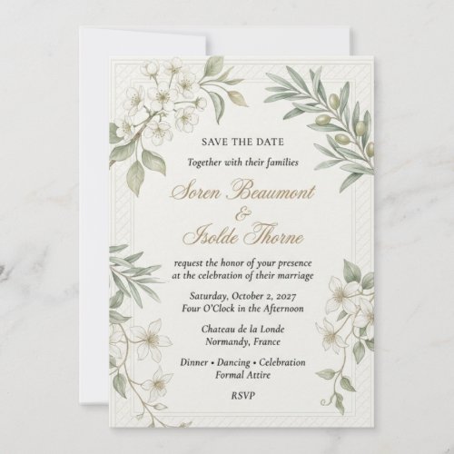 Olive Branches, White Blossoms, Woven Border Frame Invitation