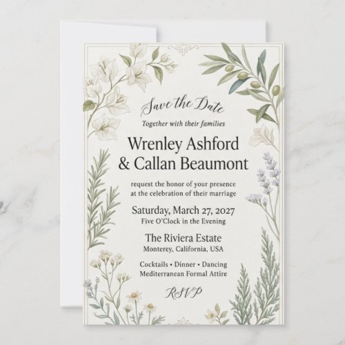 Olive Branches, White Bougainvillea, Lavender, Ros Invitation