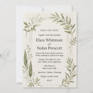 Olive Branches, White Jasmine, Cypress Trees, Arch Invitation