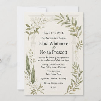 Olive Branches, White Jasmine, Cypress Trees, Arch Invitation