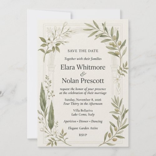 Olive Branches, White Jasmine, Cypress Trees, Arch Invitation