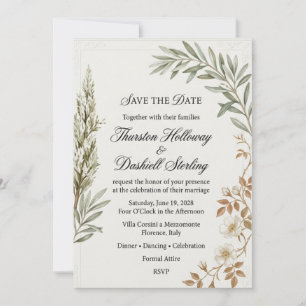 Olive Branches, White Wildflowers, Embossed Corner Invitation