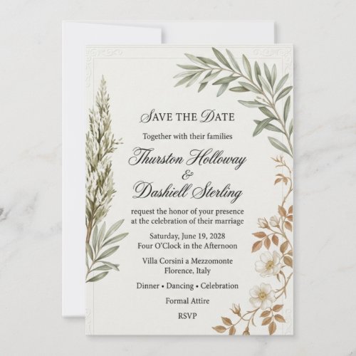 Olive Branches, White Wildflowers, Embossed Corner Invitation