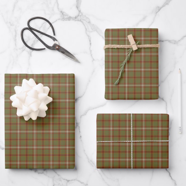 Olive Burgundy White Plaid Classic Wrapping Paper Sheets (Front)