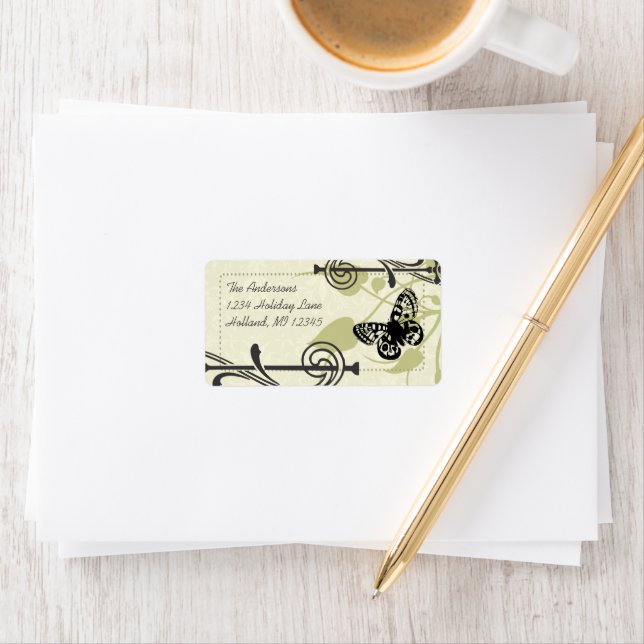 Olive Butterfly Swirl Whimsical Return Address Label (Insitu)