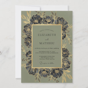Olive Charcoal Ranunculus Eucalyptus Wedding Invitation