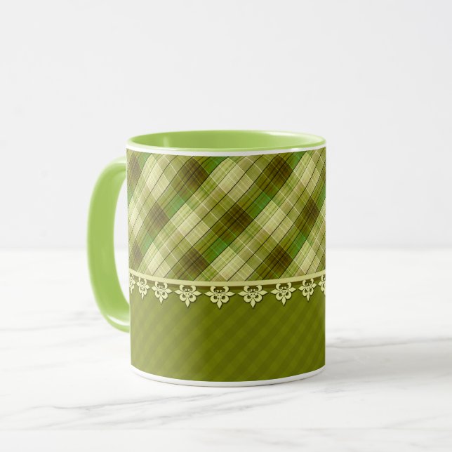 Olive color patchwork, olive plaid, green mug (Front Left)