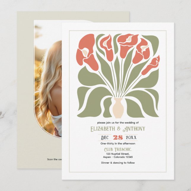 Olive & Coral Clay Abstract Floral Boho Wedding Invitation (Front/Back)