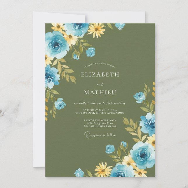 Olive Cornflower Petal Wedding Invitation (Front)