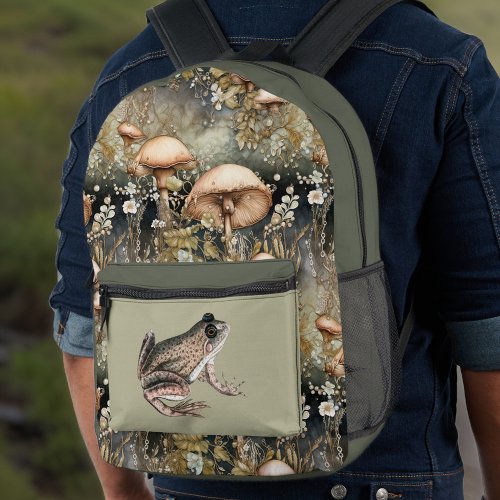 Olive CottageCore Mushrooms and Frog with Monogram Printed Backpack