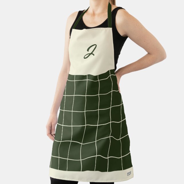 Olive Cream Grid Square Pattern Monogram Initial Apron (Insitu)