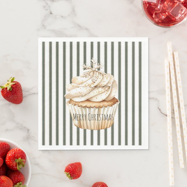 Olive Cream Stripes Snowflake Cupcake Christmas Napkins (Insitu)