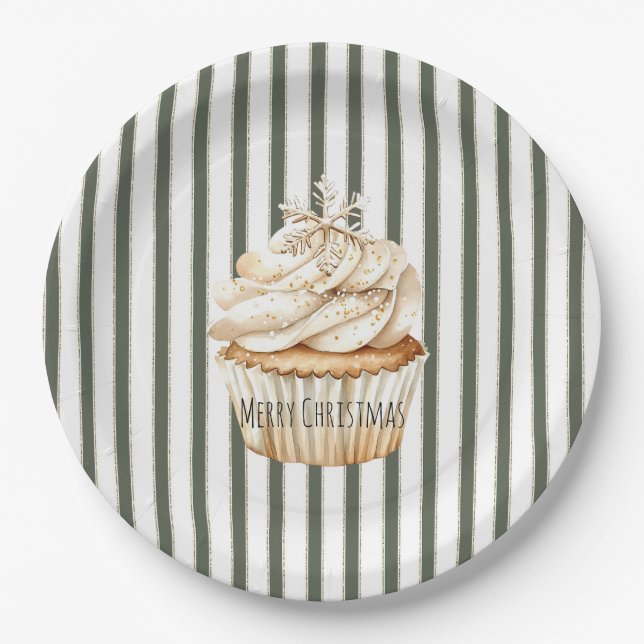 Olive Cream Stripes Snowflake Cupcake Christmas Paper Plates (Front)