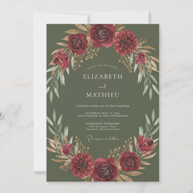 Olive Crimson Wreath Wedding Invitation (Front)