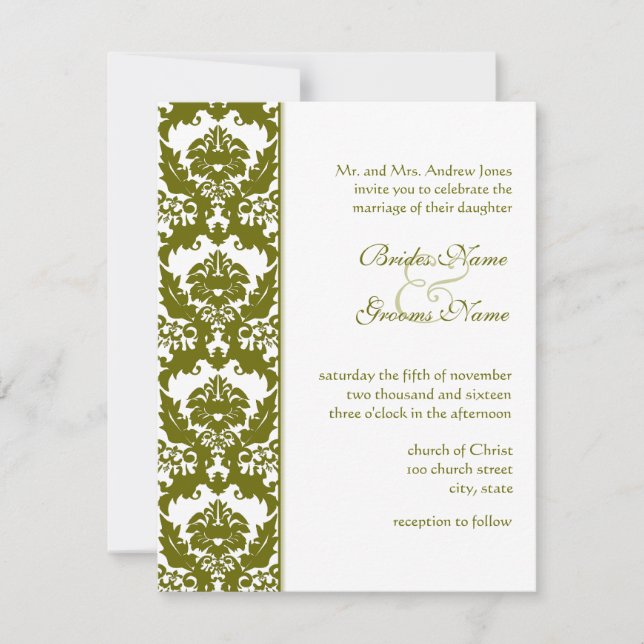 Olive Damask Wedding Invitations (Front)