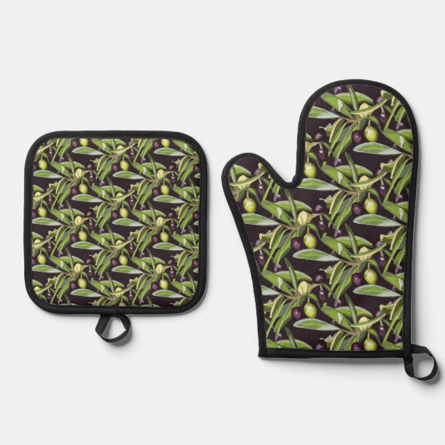 Olive design oven mitt & pot holder set (Front)