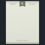 Olive Elegant Bold Monogram Contact Info Letterhead<br><div class="desc">Professional letterhead in shades of olive green with your initial in white against dark olive green. Add contact info,  like phone number,  email address,  and address. Manly and elegant olive green letterhead for him personalized with name,  title,  and contact info.</div>