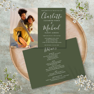 Olive Elegant Script Photo Wedding All In One Invitation