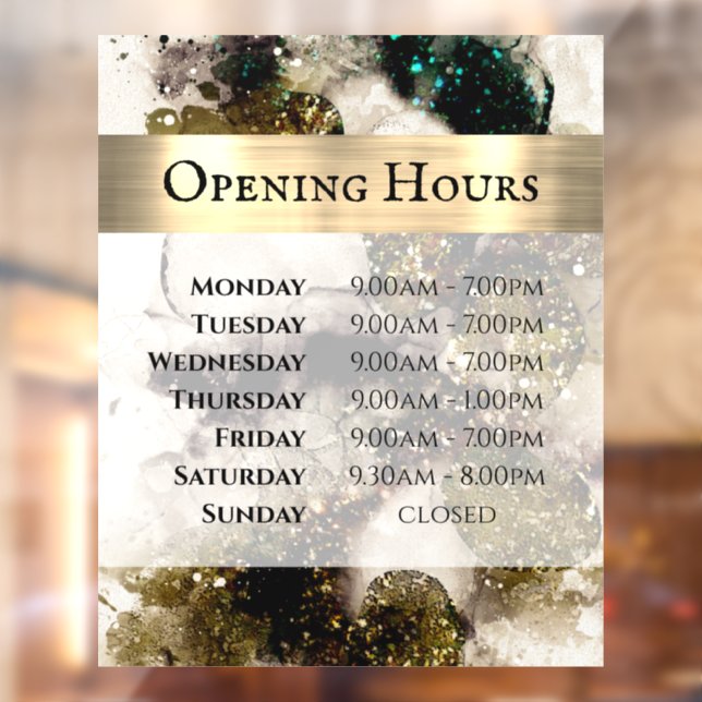 Olive Emerald Green Watercolor Opening Hours Window Cling (Sheet 2)
