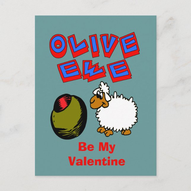 Olive Ewe, I Love You Cartoon Valentine Postcard (Front)