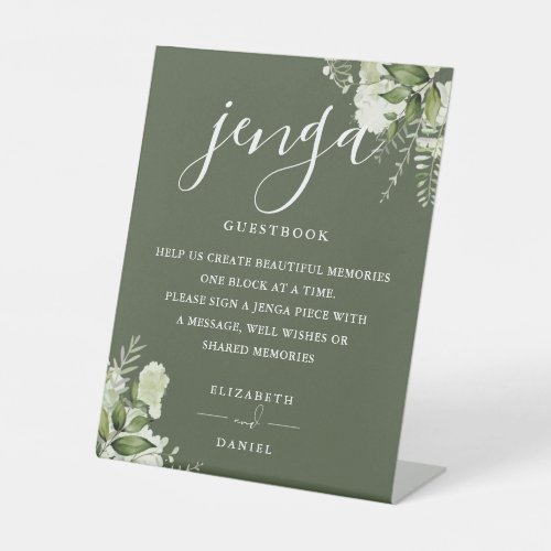 Olive Floral Greenery Jenga Wedding Guestbook Pedestal Sign