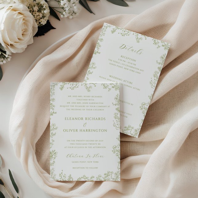 Olive Floral Line Art Border All-in-one Wedding Invitation (Creator Uploaded)
