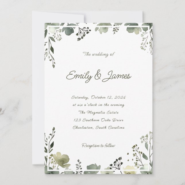 Olive Floral Wedding Invitation (Front)