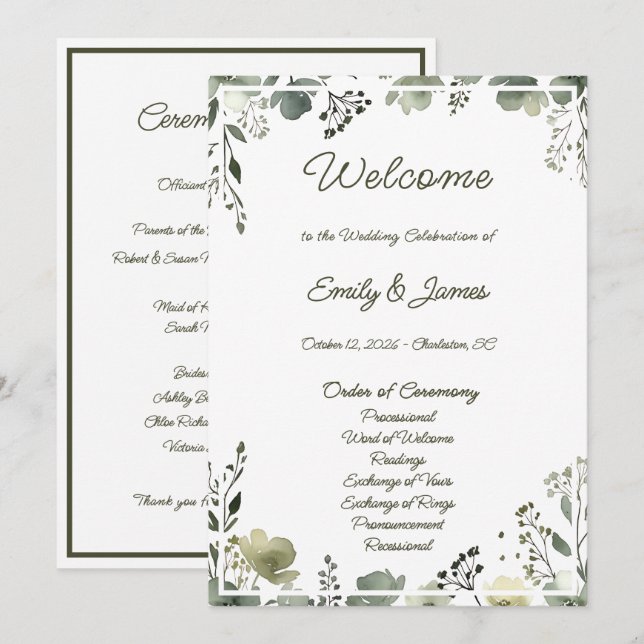 Olive Floral Wedding Program (Front/Back)