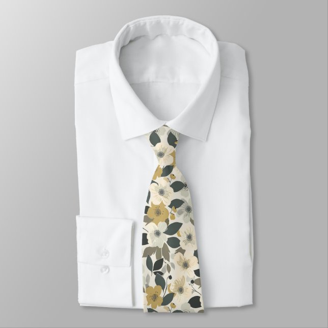 Olive Flowers Brown and White  Neck Tie (Tied)