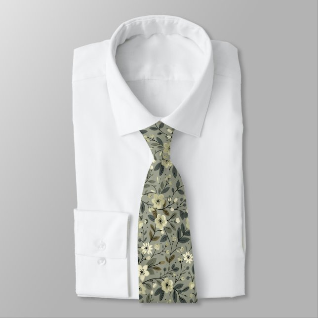 Olive Flowers Green and White  Neck Tie (Tied)