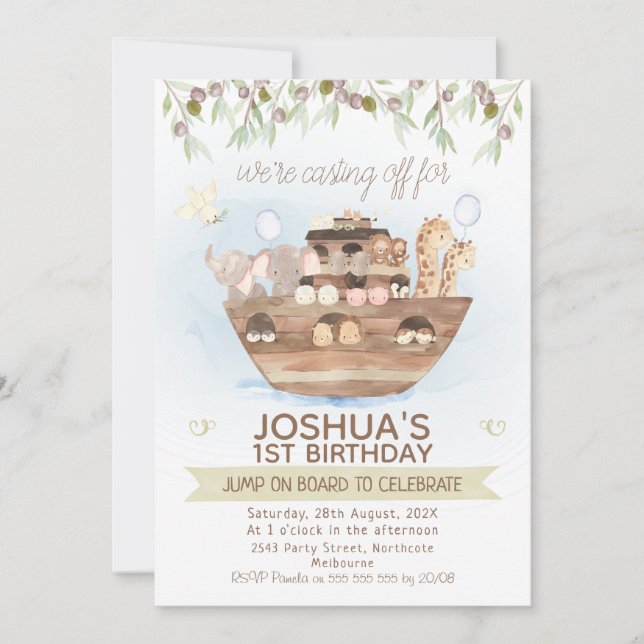 Olive Foliage Noah's Ark Boys 1st Birthday Invitation (Front)