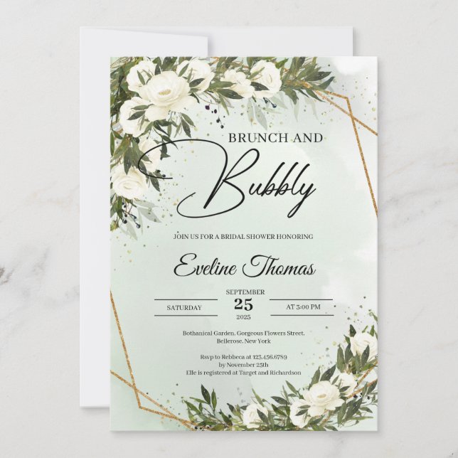 Olive foliage white roses gold brunch and bubbly invitation (Front)