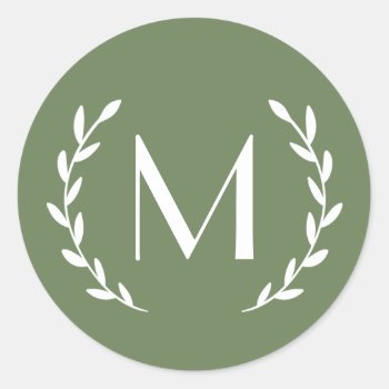 Olive Forest Green Laurel Monogram Letter Initial Classic Round Sticker by MonogrammedShop at Zazzle