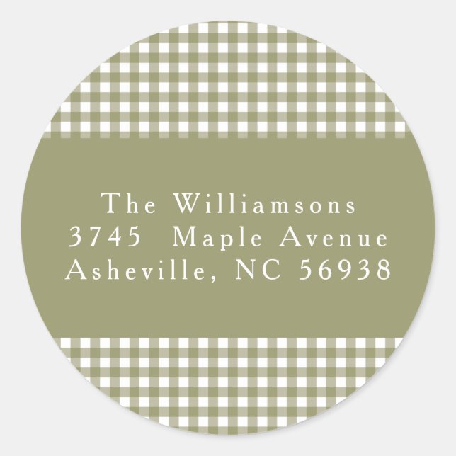 Olive Gingham Plaid Christmas Return Address Classic Round Sticker (Front)