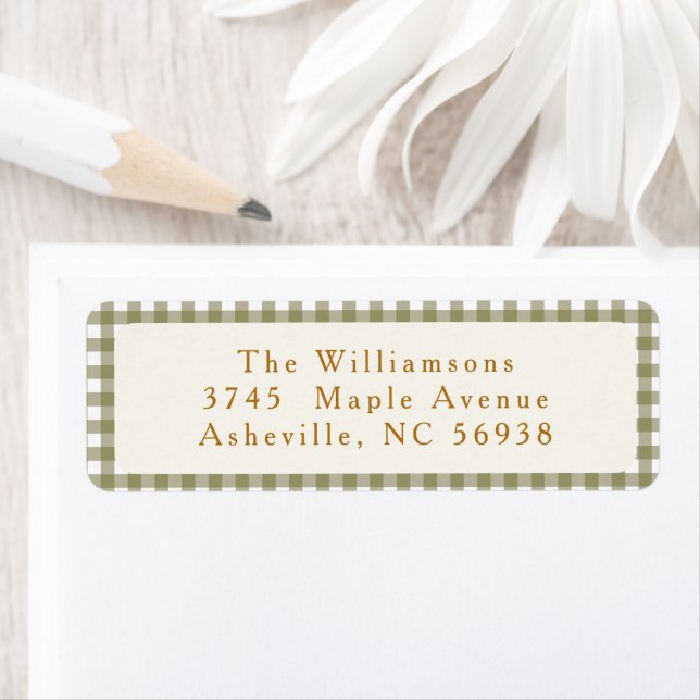 Olive Gingham Plaid Christmas Return Address Label (Insitu)