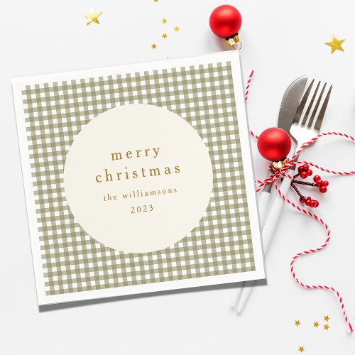 Olive Gingham Plaid Personalized Christmas Holiday Napkins