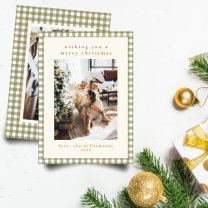 Olive Gingham Plaid Portrait Two Photo Christmas Holiday Card