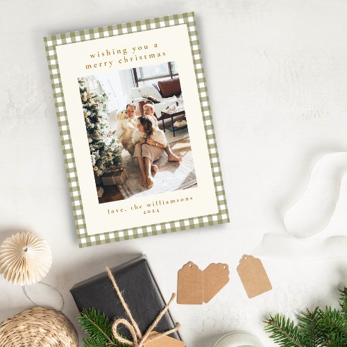 Olive Gingham Plaid Portrait Two Photo Christmas Holiday Card