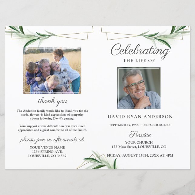 Olive Gold Order of Service Memorial Photo Program (Front)