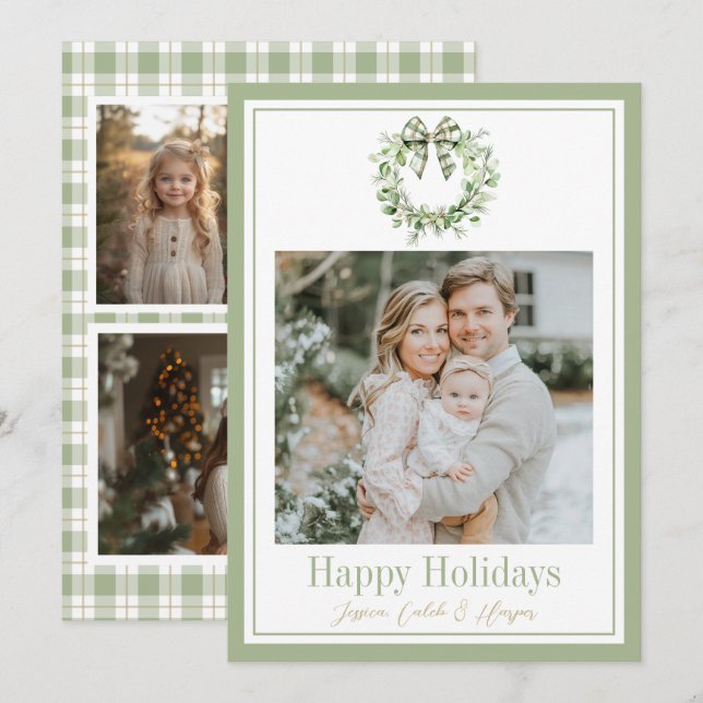 Olive Gold Plaid Wreath Preppy Bow Christmas Card (Front/Back)