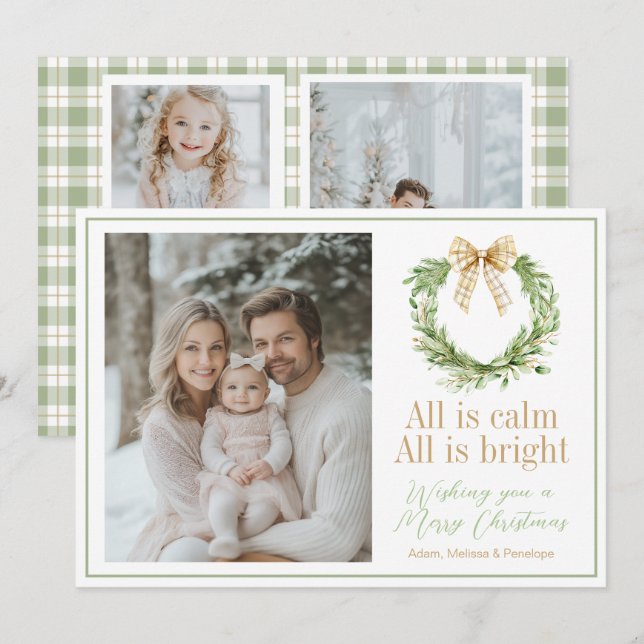 Olive Gold Plaid Wreath Preppy Bow Christmas Card (Front/Back)