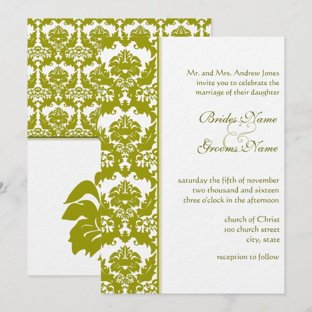 Olive Golden Lime Damask Wedding Invitations (Front/Back)