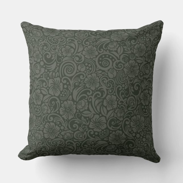 Olive Gray Floral Pattern Throw Pillow (Front)