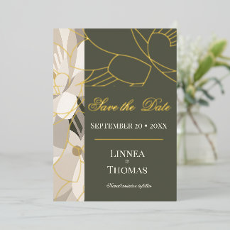 Olive Green Abstract Modern Editorial Wedding Foil Invitation