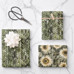 Olive Green Abstract Sunflower Wrapping Paper Sheets